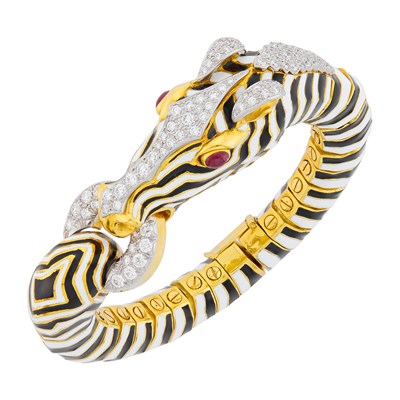 Lot 212 - David Webb Gold, Platinum, Enamel, Diamond and Cabochon Ruby Zebra Bracelet