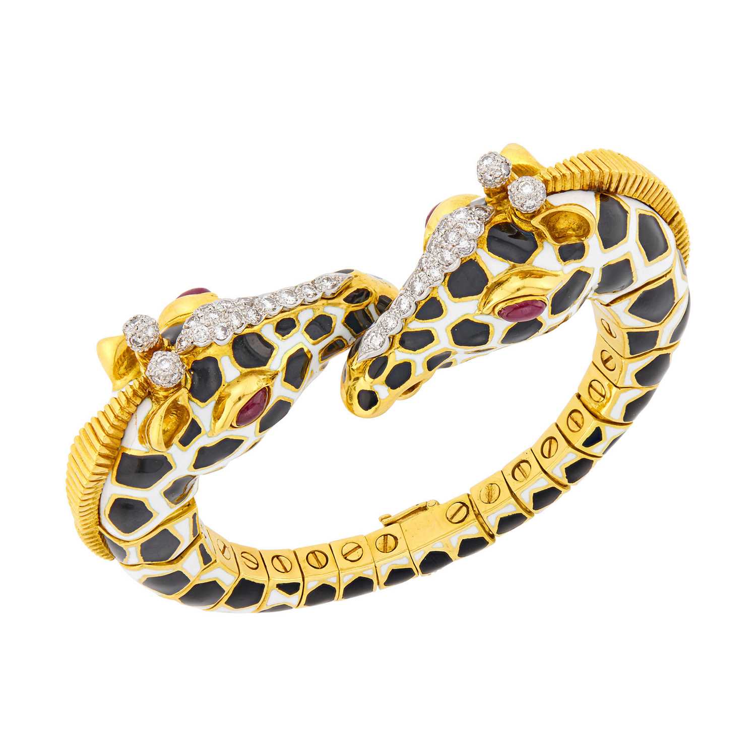 Lot 207 - David Webb Gold, Platinum, Enamel, Diamond and Cabochon Ruby Giraffe Bracelet