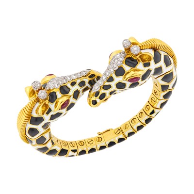 Lot David Webb Gold, Platinum, Enamel, Diamond and Cabochon Ruby Giraffe Bracelet
