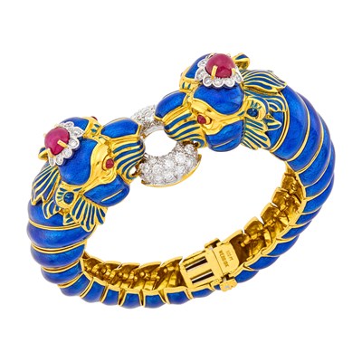 Lot 65 - David Webb Gold, Platinum, Blue Enamel, Diamond and Cabochon Ruby Griffin Bracelet