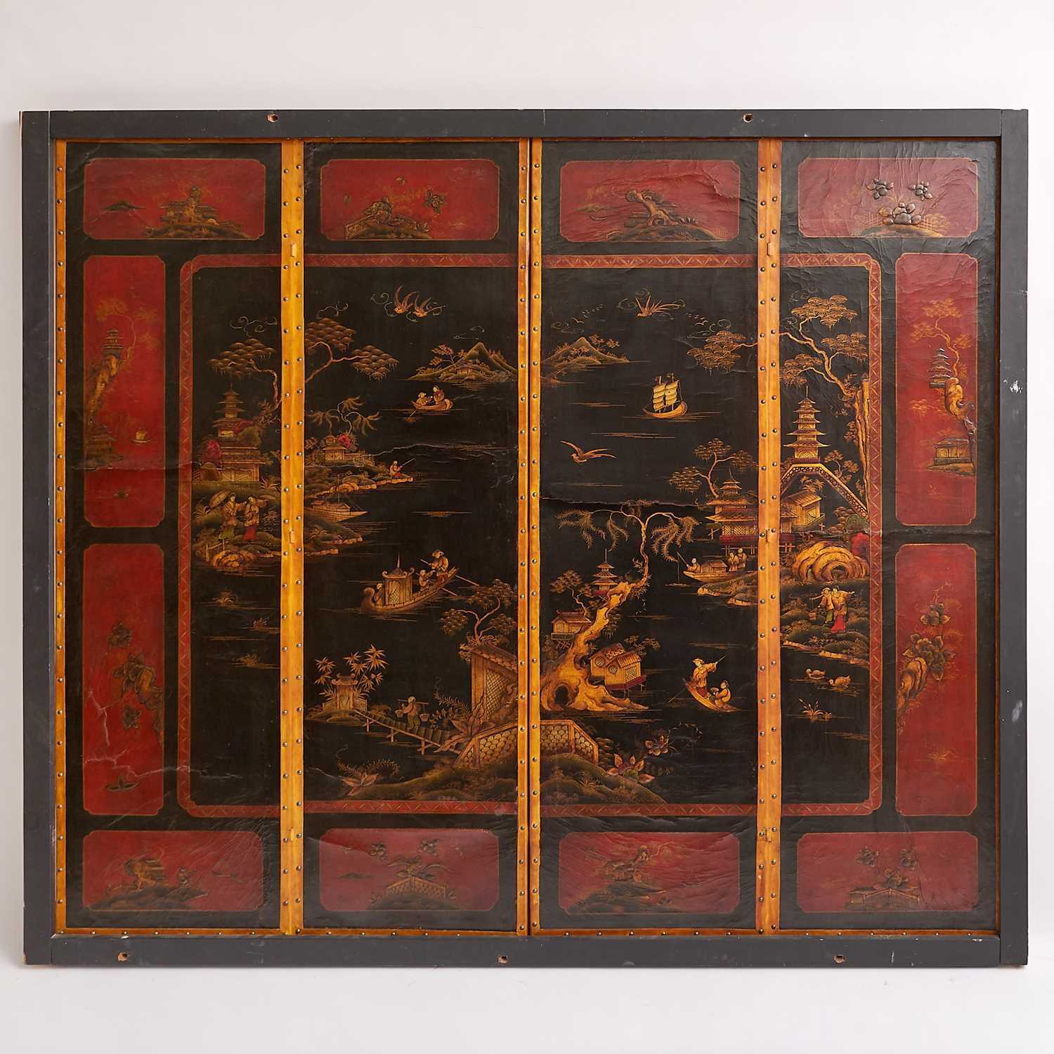 Lot 687 - Continental Chinoiserie Framed Four Panel Painted Leather Screen