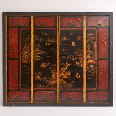Lot 687 - Continental Chinoiserie Framed Four Panel Painted Leather Screen