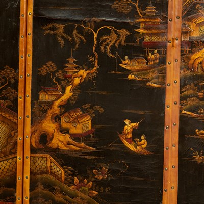 Lot 687 - Continental Chinoiserie Framed Four Panel Painted Leather Screen