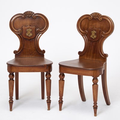 Lot 531 - Pair of French Gilt-Bronze Mounted Mahogany Hall Chairs