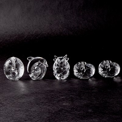 Lot 870 - Set of Five Steuben Zodiac Glass Hand Coolers
