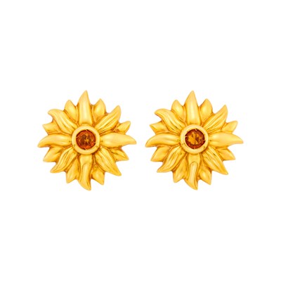 Lot 1171 - Pair of Gold and Citrine Flower Earclips