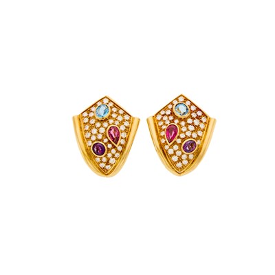 Lot 2031 - Pair of Gold, Diamond and Colored Stone Earclips