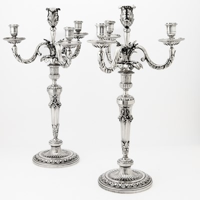 Lot 147 - Pair of French Louis XVI Style Silver Four Light Candelabra