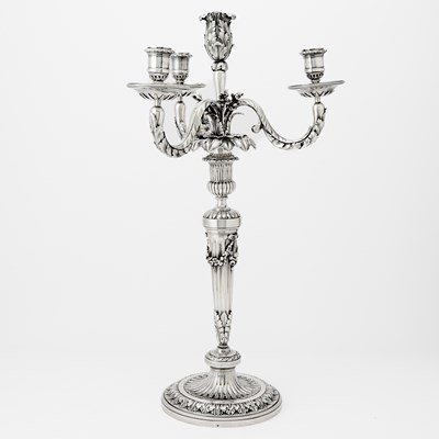 Lot 147 - Pair of French Louis XVI Style Silver Four Light Candelabra