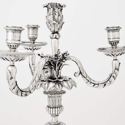 Lot 147 - Pair of French Louis XVI Style Silver Four Light Candelabra
