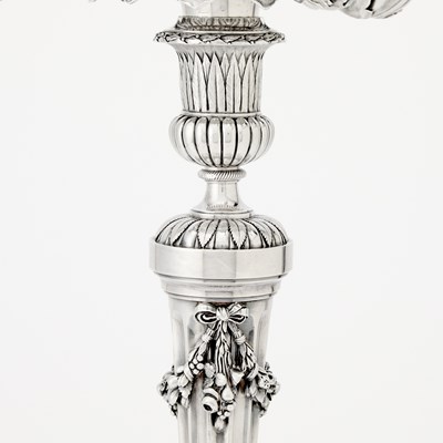 Lot 147 - Pair of French Louis XVI Style Silver Four Light Candelabra