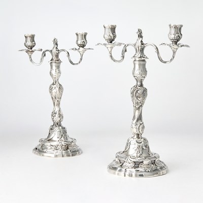 Lot 135 - Pair of French Louis XV Silver Two Light Candelabra