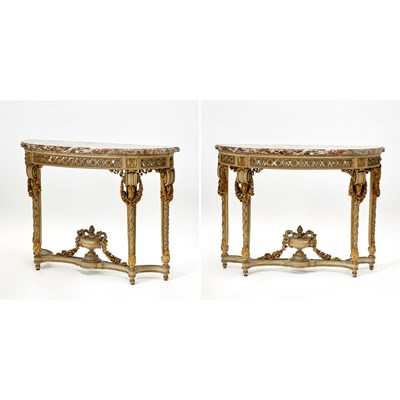 Lot 320 - Pair of Louis XVI carved and Painted Wood Parcel-Gilt Console Tables