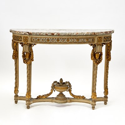 Lot 320 - Pair of Louis XVI carved and Painted Wood Parcel-Gilt Console Tables