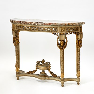 Lot 320 - Pair of Louis XVI carved and Painted Wood Parcel-Gilt Console Tables
