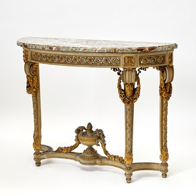 Lot 320 - Pair of Louis XVI carved and Painted Wood Parcel-Gilt Console Tables