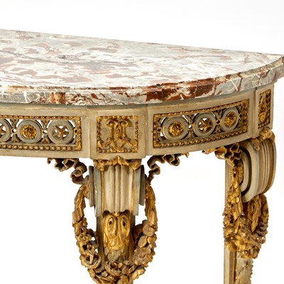 Lot 320 - Pair of Louis XVI carved and Painted Wood Parcel-Gilt Console Tables