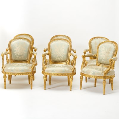 Lot 312 - Set of Six Louis XVI Carved Giltwood Fauteuils en Cabriolet