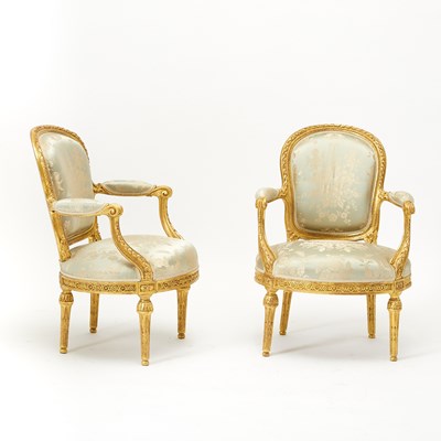 Lot 312 - Set of Six Louis XVI Carved Giltwood Fauteuils en Cabriolet