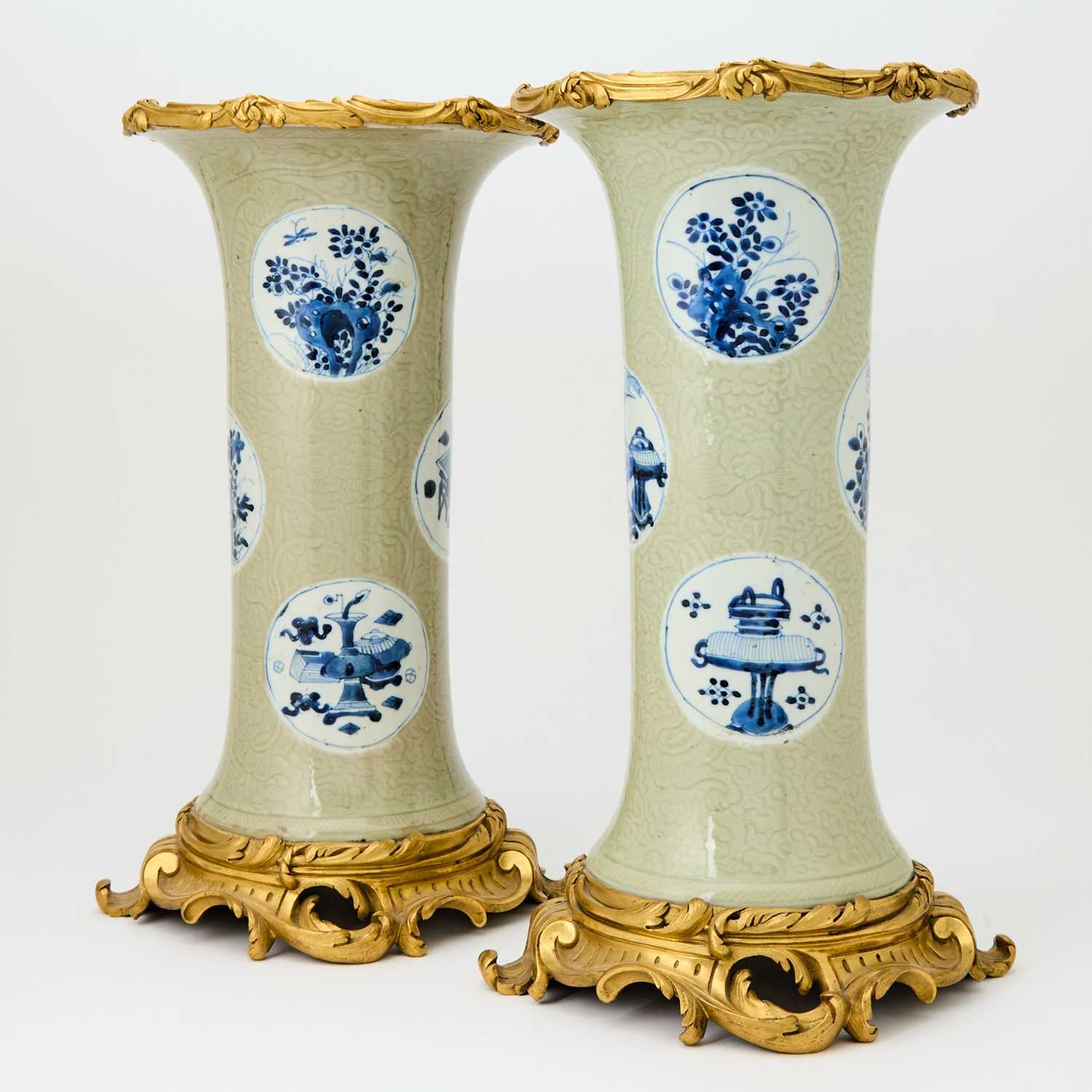 Lot 322 - Pair of Louis XV Ormolu Mounted Chinese Blue and White Incised Celadon Glazed Porcelain Vases