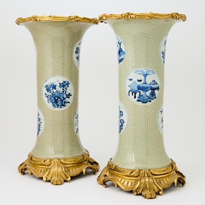 Lot 322 - Pair of Louis XV Ormolu Mounted Chinese Blue and White Incised Celadon Glazed Porcelain Vases