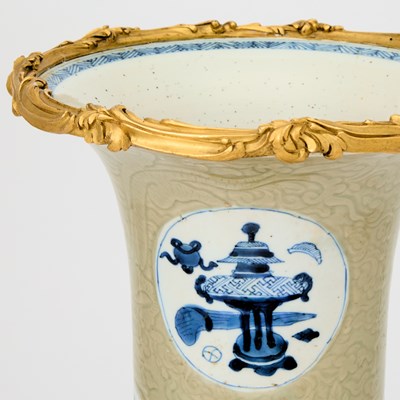 Lot 322 - Pair of Louis XV Ormolu Mounted Chinese Blue and White Incised Celadon Glazed Porcelain Vases
