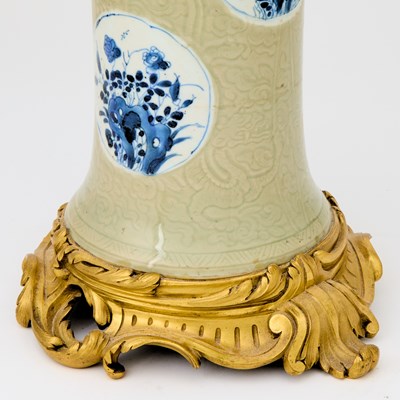Lot 322 - Pair of Louis XV Ormolu Mounted Chinese Blue and White Incised Celadon Glazed Porcelain Vases