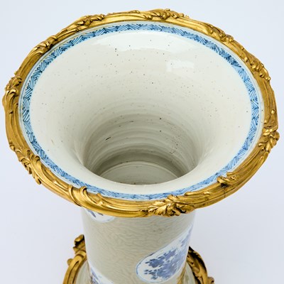 Lot 322 - Pair of Louis XV Ormolu Mounted Chinese Blue and White Incised Celadon Glazed Porcelain Vases