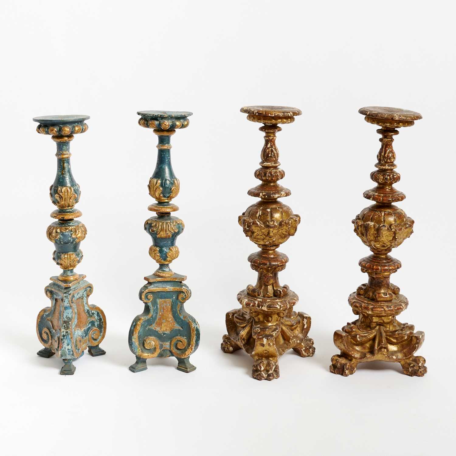 Lot 627 - Two Pairs of Italian Baroque Painted and Giltwood Candlesticks