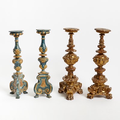 Lot 627 - Two Pairs of Italian Baroque Painted and Giltwood Candlesticks
