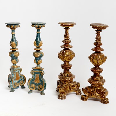 Lot 627 - Two Pairs of Italian Baroque Painted and Giltwood Candlesticks
