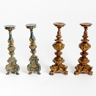 Lot 627 - Two Pairs of Italian Baroque Painted and Giltwood Candlesticks