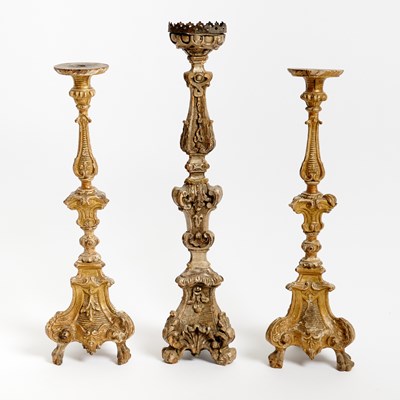 Lot 626 - Three Italian Baroque Painted and Carved Wood Candlesticks