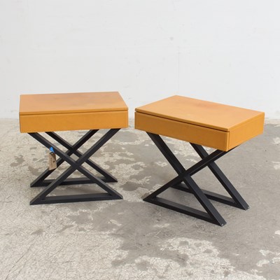 Lot 281 - Pair of Leather Covered Patinated Metal Bedside Tables