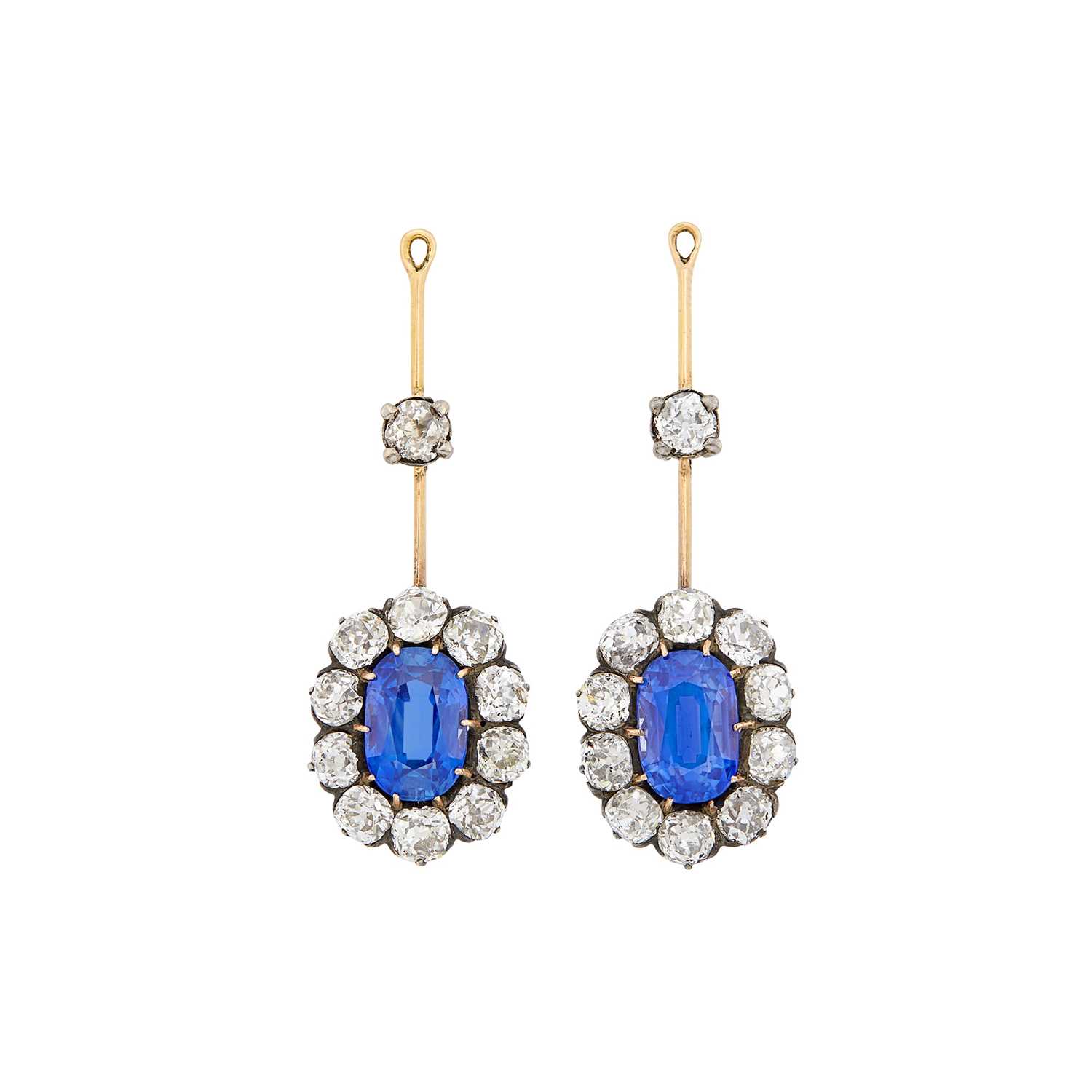 Lot 117 - Pair of Antique Silver, Gold, Sapphire and Diamond Ear Pendants