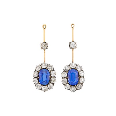 Lot 117 - Pair of Antique Silver, Gold, Sapphire and Diamond Ear Pendants