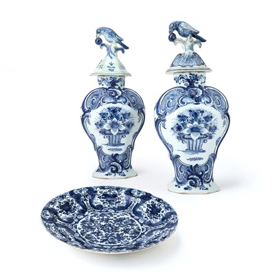 Lot 686 - Pair of Dutch Delft Blue and White Faience Baluster Vases and Covers