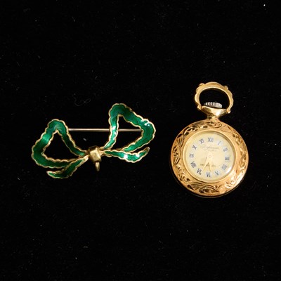 Lot 212 - Gold and Green Enamel Bow Pin with Gilt-Metal Pendant-Watch