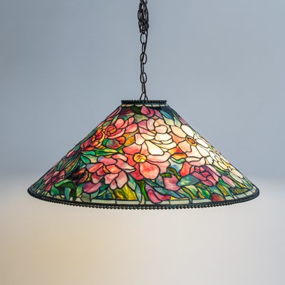 Lot Tiffany Studios Bronze and Leaded Glass "Floral Bouquet" Chandelier