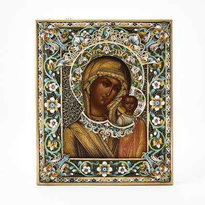 Lot 245A - Russian Silver-Gilt and Cloisonné Enamel Icon of the Mother of God of Kazan