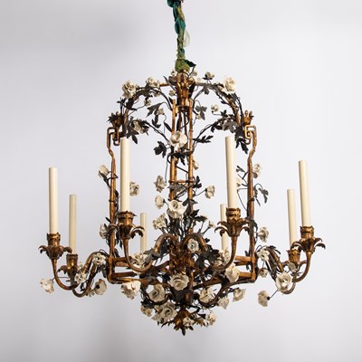 Lot 305 - Louis XVI Style Flower Encrusted Gilt and Tôle Peinte Six-Light Chandelier