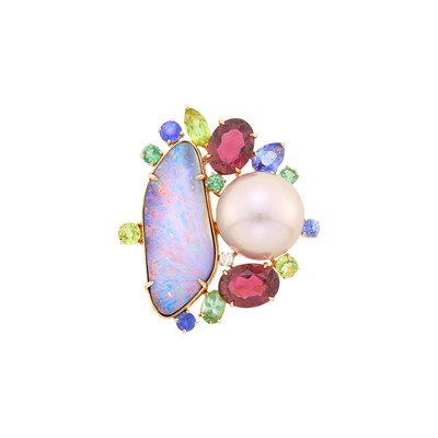 Lot 16 - Margot McKinney Rose Gold, Boulder Opal, South Sea Cultured Pearl, Colored Stone and Diamond Ring