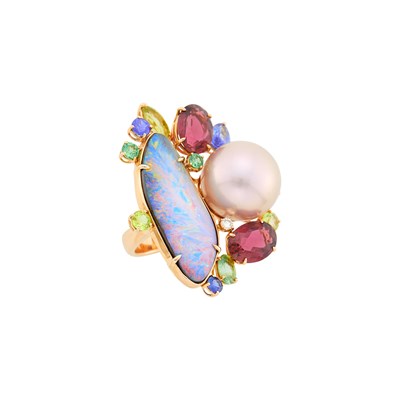 Lot 16 - Margot McKinney Rose Gold, Boulder Opal, South Sea Cultured Pearl, Colored Stone and Diamond Ring