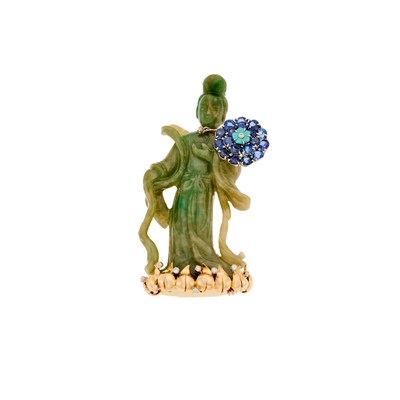 Lot 2195 - Two-Color Gold, Carved Nephrite and Turquoise, Sapphire and Diamond Clip-Brooch