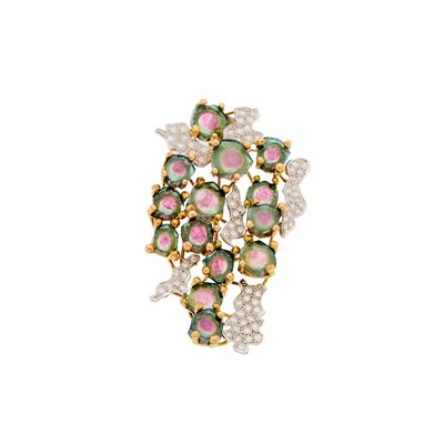 Lot 2224 - Platinum, Gold, Sliced Watermelon Tourmaline and Diamond Brooch