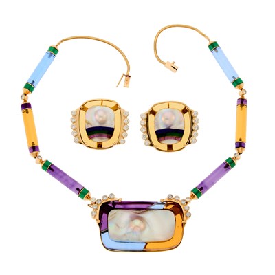 Lot 2202 - Gold, Blister Pearl, Diamond and Acrylic Necklace and Pair of Earclips