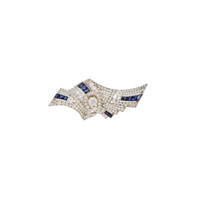 Lot 2086 - Platinum, Diamond and Synthetic Sapphire Scroll Brooch