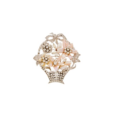 Lot 2082 - Platinum, Freshwater Pearl and Diamond Bouquet Basket Pendant-Brooch