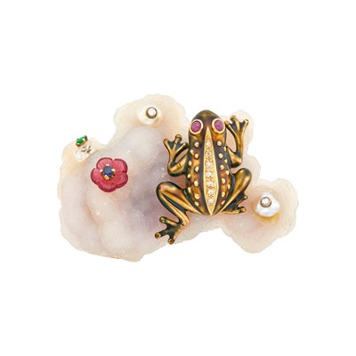 Lot 1125 - Seaman Schepps Drusy Quartz, Gold, Enamel, Pearl, Gem-Set and Diamond Frog Clip-Brooch