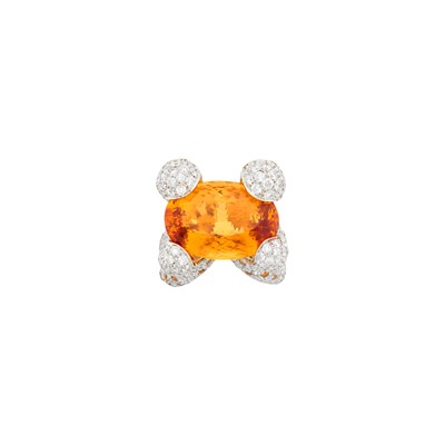 Lot 1086 - White Gold, Orange Topaz, Diamond and Colored Diamond Ring